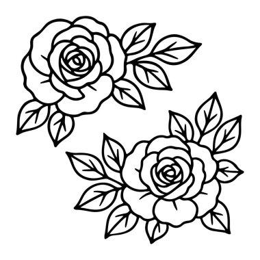 Rose flowers with leaves. Botanical element. Doodle style. Hand drawn black and white isolated icon. Coloring page, art therapy, line art, logotype Beautiful flower. Vector illustration