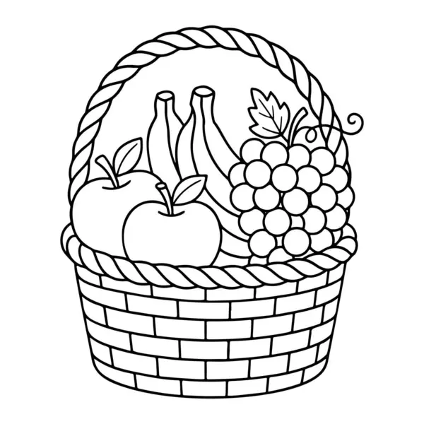 fruit basket Doodle style. apples, bananas, grapes. Hand drawn black and white isolated icon. Coloring page, art therapy, line art, logotype. Vector illustration