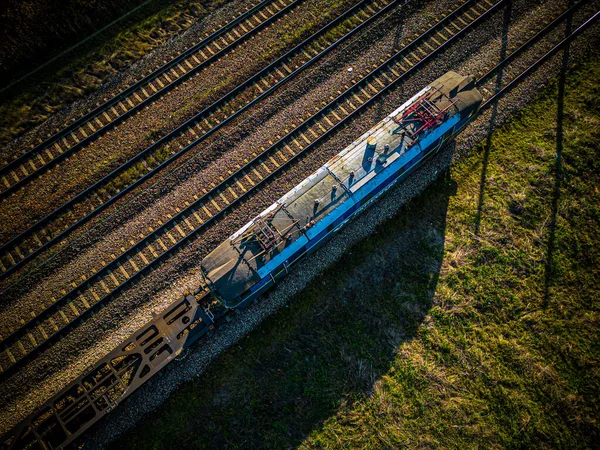 Vista Aérea Comboio Carga Caminho Ferro Dupla Campo Ferrovia Com — Fotografia de Stock