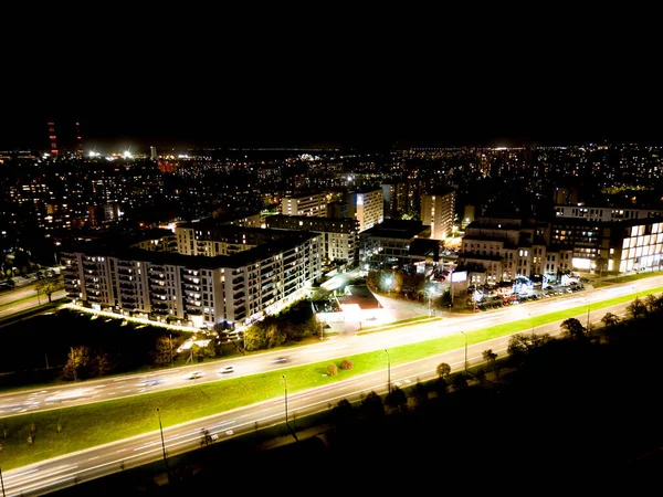 Vista Nocturna Varsovia Desde Arriba Centro Ciudad Foto Del Dron —  Fotos de Stock