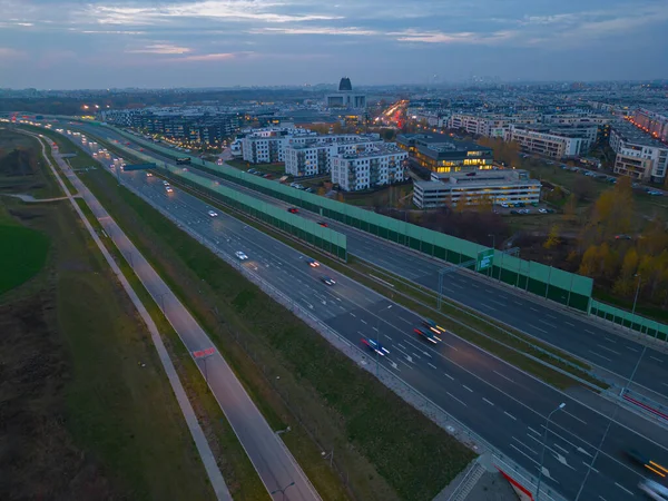 Lampu Mobil Persimpangan Kota Lalu Lintas Video Top Aerial Drone — Stok Foto