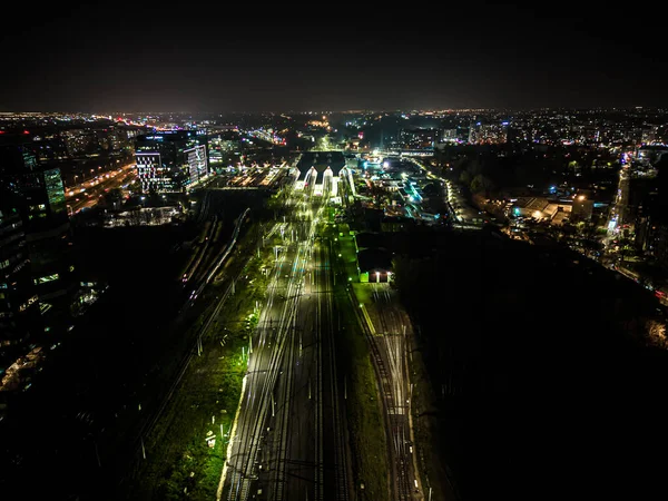 Widok Lotu Ptaka Centrum Warszawy Nocą Szczytu Pałacu Kultury Nauki — Zdjęcie stockowe