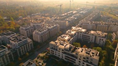 Yeni Yapılanma Geliştirme Alanında Hava Uçuşu. Şehir İnşaat Alanı, Hava Manzarası. Yüksek vinç inşaat alanında çalışıyor. Turna ve inşaat alanı.