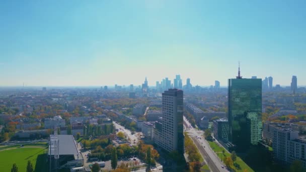Ustanowienie Panoramicznego Widoku Centrum Warszawy Polska Europa Miejska Linia Lotnicza — Wideo stockowe
