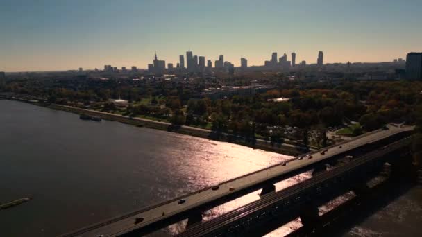 Piękne Zdjęcia Lotnicze Zachodu Słońca Bulwarach Wisły Mostu Gdańskiego Panoramy — Wideo stockowe