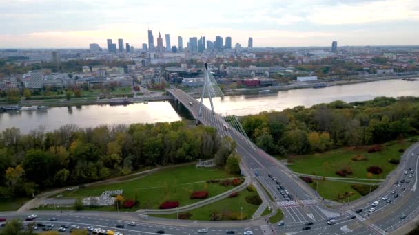 Panorama Lotnicza Warszawy Polska Wschodzie Słońca Tym Most Świętokrzyski Nad — Wideo stockowe