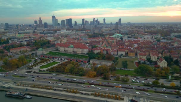 Ustanowienie Panoramy Lotniczej Warszawy Polska Europa Typowe Stare Miasto Zabytkową — Wideo stockowe