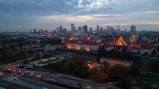 Wspaniały Panoramiczny Widok Nocny Centrum Warszawy Stare Miasto Prawego Brzegu — Wideo stockowe