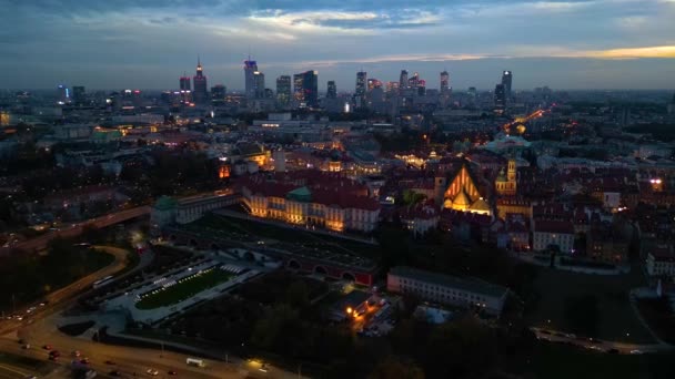 Wspaniały Panoramiczny Widok Nocny Centrum Warszawy Stare Miasto Prawego Brzegu — Wideo stockowe