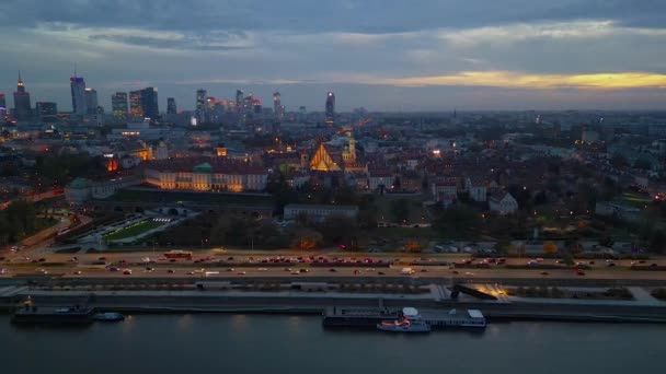 Kilátás Óvárosra Varsó Belvárosára Vistula Folyó Felett Városközpont Európába Légitekintés — Stock videók