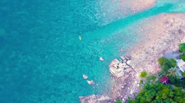 Tropical sand beach with palm trees in sunset, sunrise, aerial dolly shot flying through the trunks, wild pristine beach in Hawaii