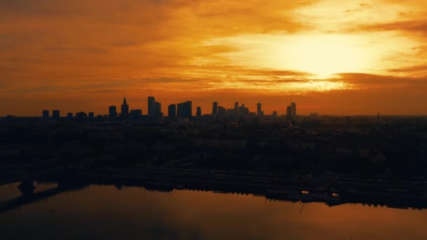 Piękny Panoramiczny Panoramiczny Widok Zachody Słońca Centrum Warszawy Drapaczami Chmur — Wideo stockowe
