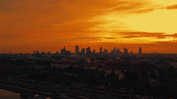 Lindo Drone Aéreo Panorâmico Vista Panorâmica Pôr Sol Centro Cidade — Vídeo de Stock