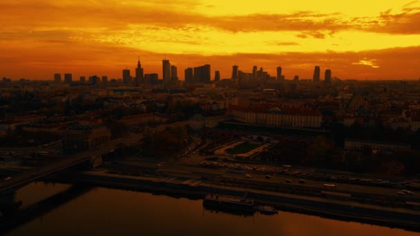 Красивая Панорамная Панорама Воздушного Беспилотника Закат Видом Центр Варшавы Небоскребами — стоковое видео