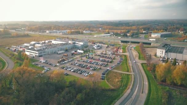 Warehouses Huge Logistics Center Highway View Large Number Cargo Trailers — Vídeo de Stock