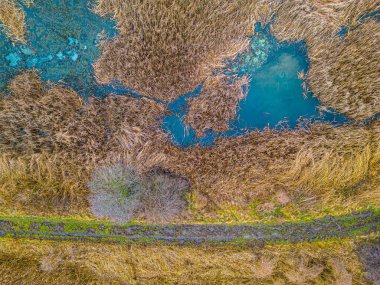 An aerial shot of the landscape with small lake surrounded by trees and field