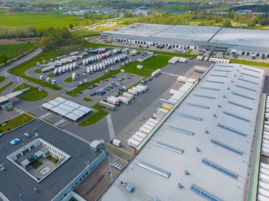 Modern European logistics warehouse for worldwide delivery of goods, warehouse, aerial view