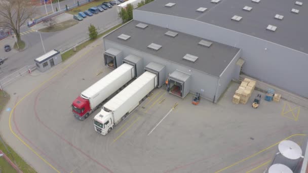 Aerial View Goods Distribution Warehouse Semi Trucks Loading Cargo Containers — Stock Video