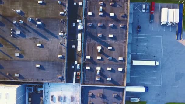 Luftaufnahme Eines Warenlagers Logistikzentrum Industriegebiet Von Oben Luftaufnahme Der Lkw — Stockvideo