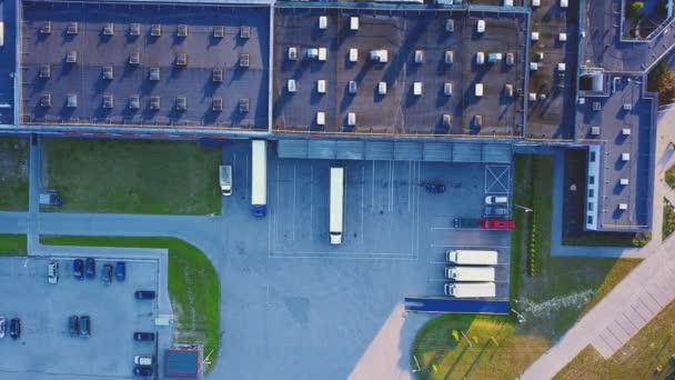 Flygfoto Över Varuhuset Logistikcenter Industristadszon Ovanifrån Flygfoto Lastbilar Som Lastar — Stockvideo