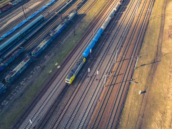 Kargo Trenleri Renkli Yük Trenlerinin Hava Manzarası Tren Istasyonunda Demiryolunda — Stok fotoğraf