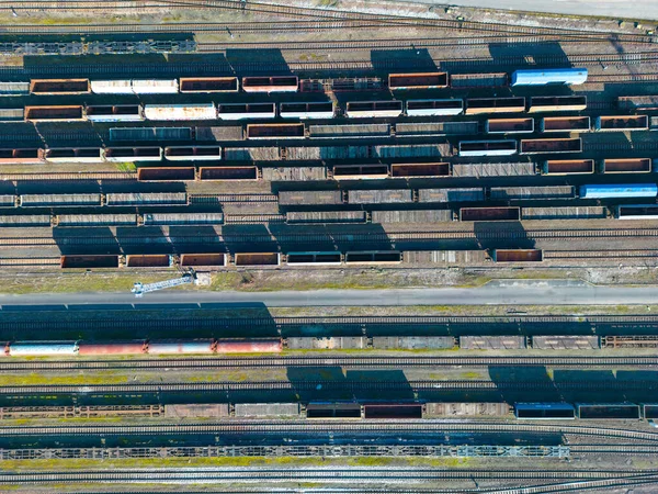 Cargo Trains Close Aerial View Colorful Freight Trains Railway Station — Stock Photo, Image