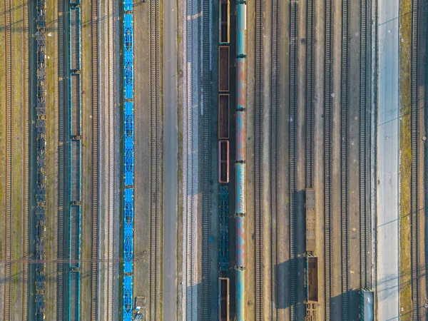Kargo Trenleri Renkli Yük Trenlerinin Hava Manzarası Tren Istasyonunda Demiryolunda — Stok fotoğraf