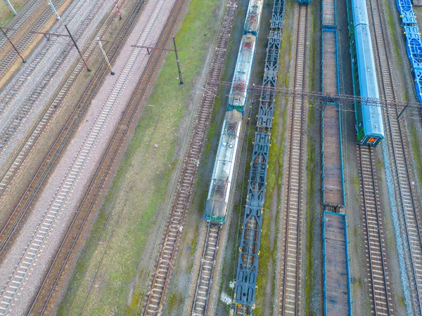Cargo Trains Aerial View Colorful Freight Trains Railway Station Wagons — Stock Photo, Image