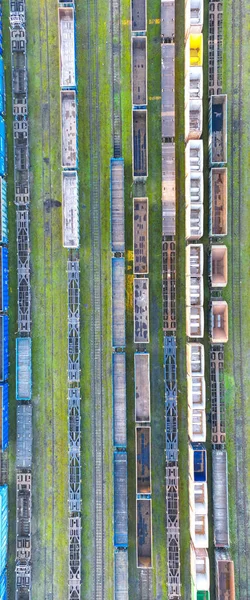 Kargo Trenleri Yakın Plan Tren Istasyonundaki Renkli Yük Trenlerinin Hava — Stok fotoğraf