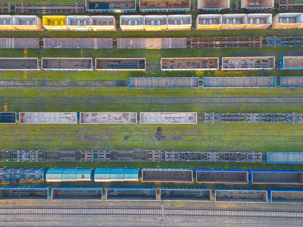 Güterzüge Aus Nächster Nähe Luftaufnahme Von Bunten Güterzügen Auf Dem — Stockfoto