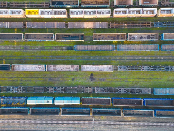 Comboios Carga Perto Vista Aérea Trens Carga Coloridos Estação Ferroviária — Fotografia de Stock