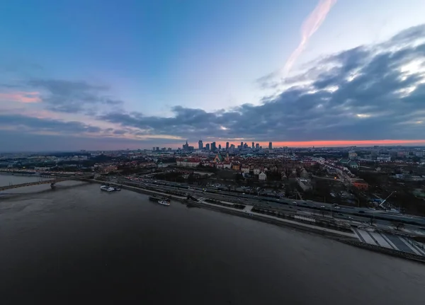 Красивая Панорамная Панорама Воздушного Беспилотника Закат Видом Центр Варшавы Небоскребами — стоковое фото