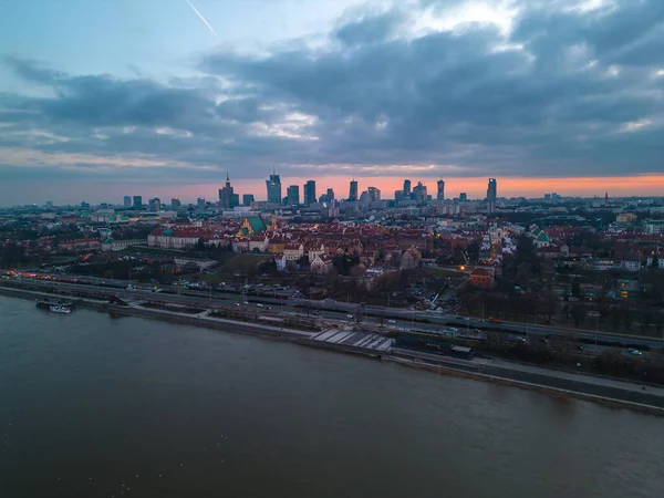 Piękny Panoramiczny Panoramiczny Widok Zachody Słońca Centrum Warszawy Drapaczami Chmur — Zdjęcie stockowe