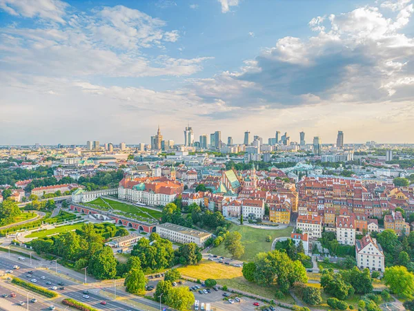 stock image Aerial panorama of Warsaw, Poland over the Vistual river and City center in a distance Old town. Downtown skyscrapers cityscape. Business