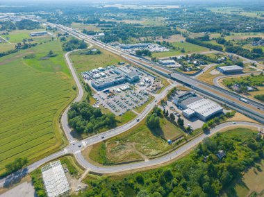 Modern European logistics warehouse for worldwide delivery of goods, warehouse, aerial view