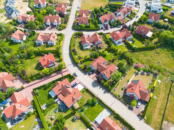 Aerial photo of village of Houses Residential Drone Above View Summer Blue Sky Estate Agent