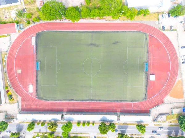 Aerial Establishing Shot Whole Stadium Meczu Mistrzostw Piłki Nożnej Drużyny — Zdjęcie stockowe