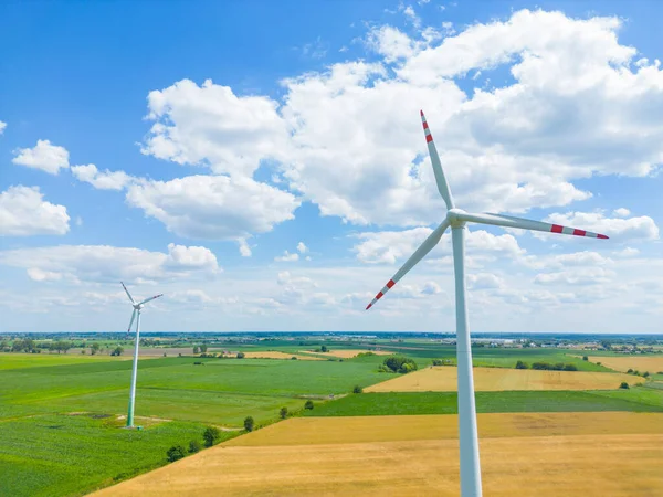 Vista Aérea Poderosa Fazenda Turbinas Eólicas Para Produção Energia Belo — Fotografia de Stock