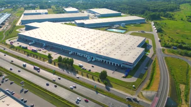 Luchtfoto Van Magazijnen Industriële Fabriek Logistiek Centrum Van Boven Luchtfoto — Stockvideo