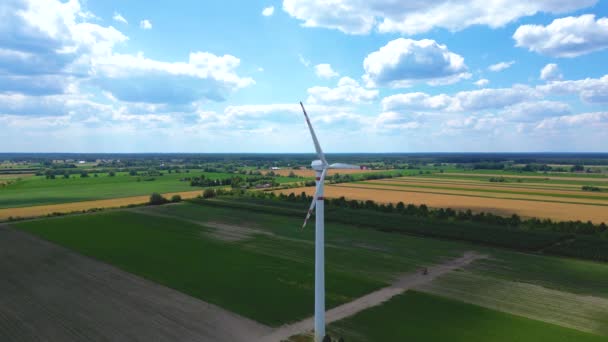 風力発電タービン 風力発電所の一部の空中ドローンビュー 田舎の緑の畑に風力タービン 風力発電所 — ストック動画
