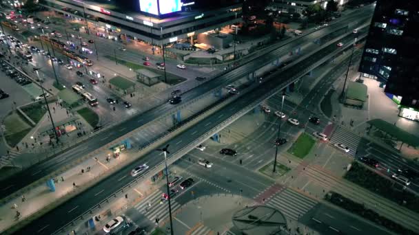 Aerial Drone Night Video Illuminated Crossroad Multi Lane Highway Urban — Vídeo de stock