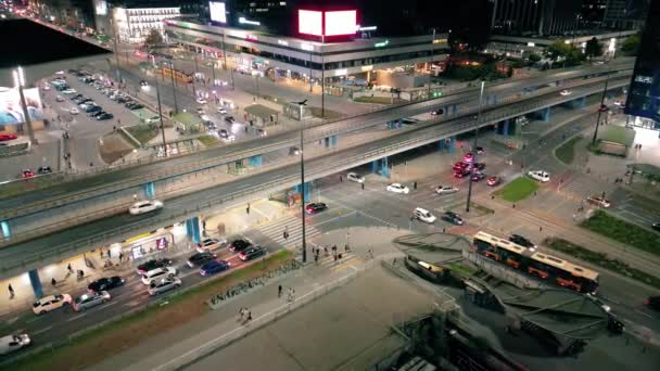 Beautiful Top View Car Traffic Cross Lane Buildings Drone Aerial — Stock Video
