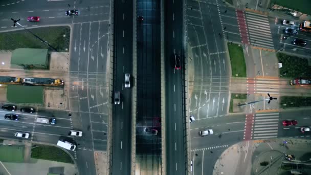 Top Night City Roads Cars Driving Aerial View Nightly Urban — Stock Video