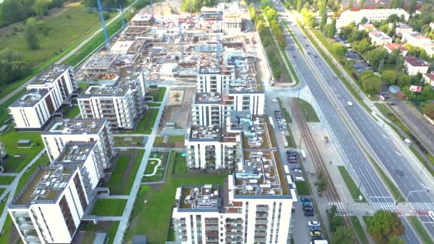 Aerial Bird Eye View Construction Site Building Cranes Looking Industrial — Stockvideo
