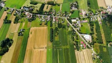 Yeşil tarlaların ve gökyüzündeki güneşin havadan görünüşü. Avrupa 'daki sonsuz yeşil tarım arazisinin güzel manzarası kırsal kesimlerde buğday tarlaları üzerinde uçan drone. Avrupa manzarası