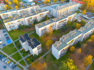 Aerial drone view of residential buildings