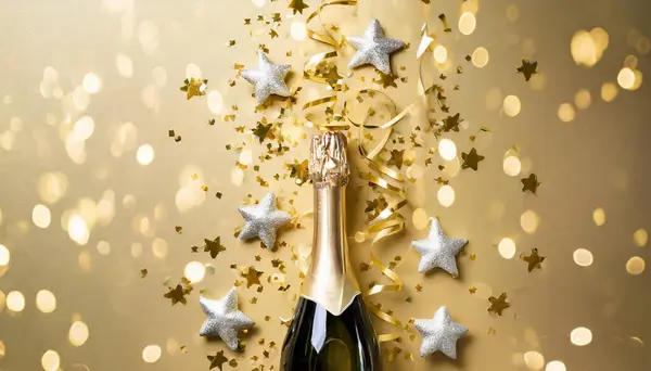 Champagne bottle with confetti stars, bokeh decoration and party streamers on golden background. Christmas, birthday or wedding concept. Flat lay.