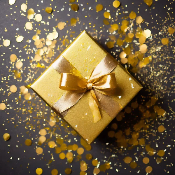 Golden gift or present boxes with golden bows and star confetti top view. Christmas background. Flat lay.