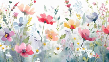 Çiçeksiz, suluboya elle çizilmiş kır çiçekleri olan güzel bir yaz deseni. Stok illüstrasyonu.