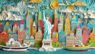 New York City renkli kağıt kesim stili, vektör stok çizimi. Tüm ünlü binaların olduğu şehir manzarası. Tasarım için Skyline New York şehir kompozisyonu.